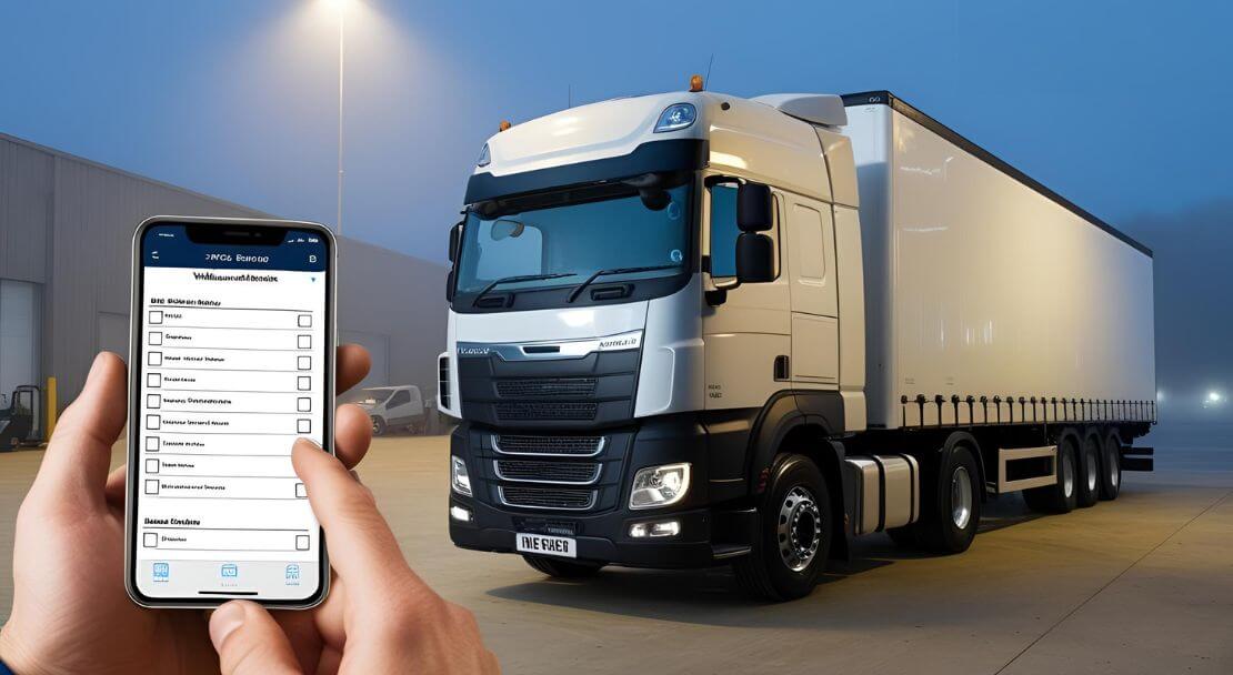 Professional HGV driver performing a daily walkaround check using a digital inspection app to ensure vehicle safety and compliance.