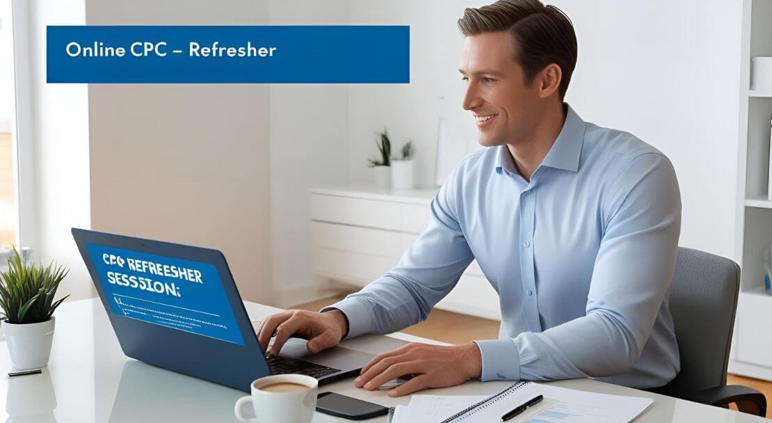 Transport manager updating knowledge via online CPC refresher training session from a professional home office environment.